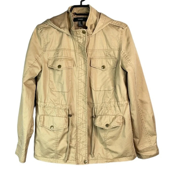 FOREVER 21 Military Jacket Khaki Tan Zip Hood Snap Flap Pockets Drawstring M - Picture 2 of 12